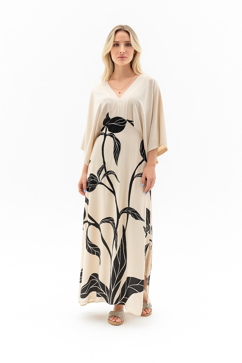 Vestido V Flores Beige