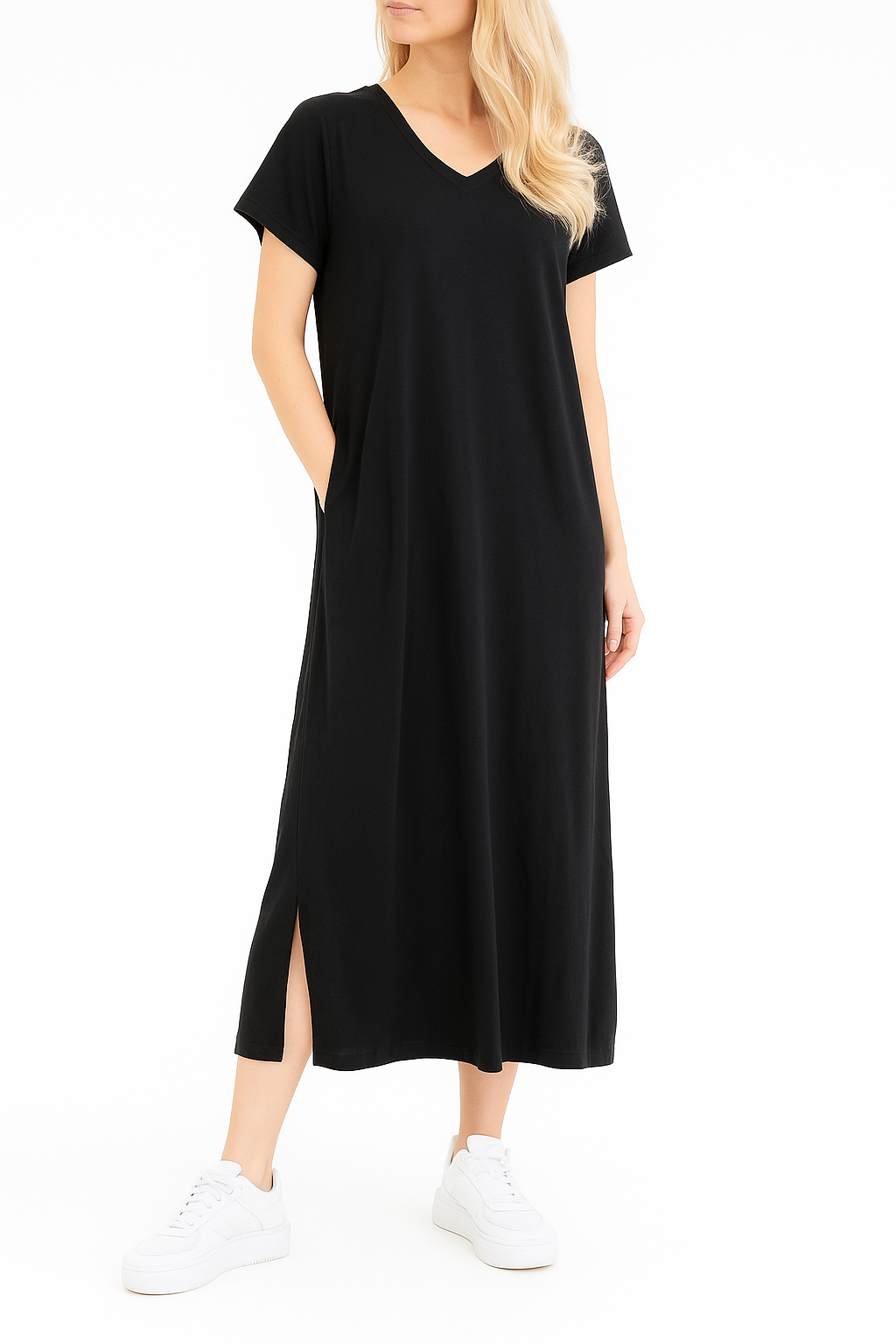 Vestido Básico V Bolsillo Negro