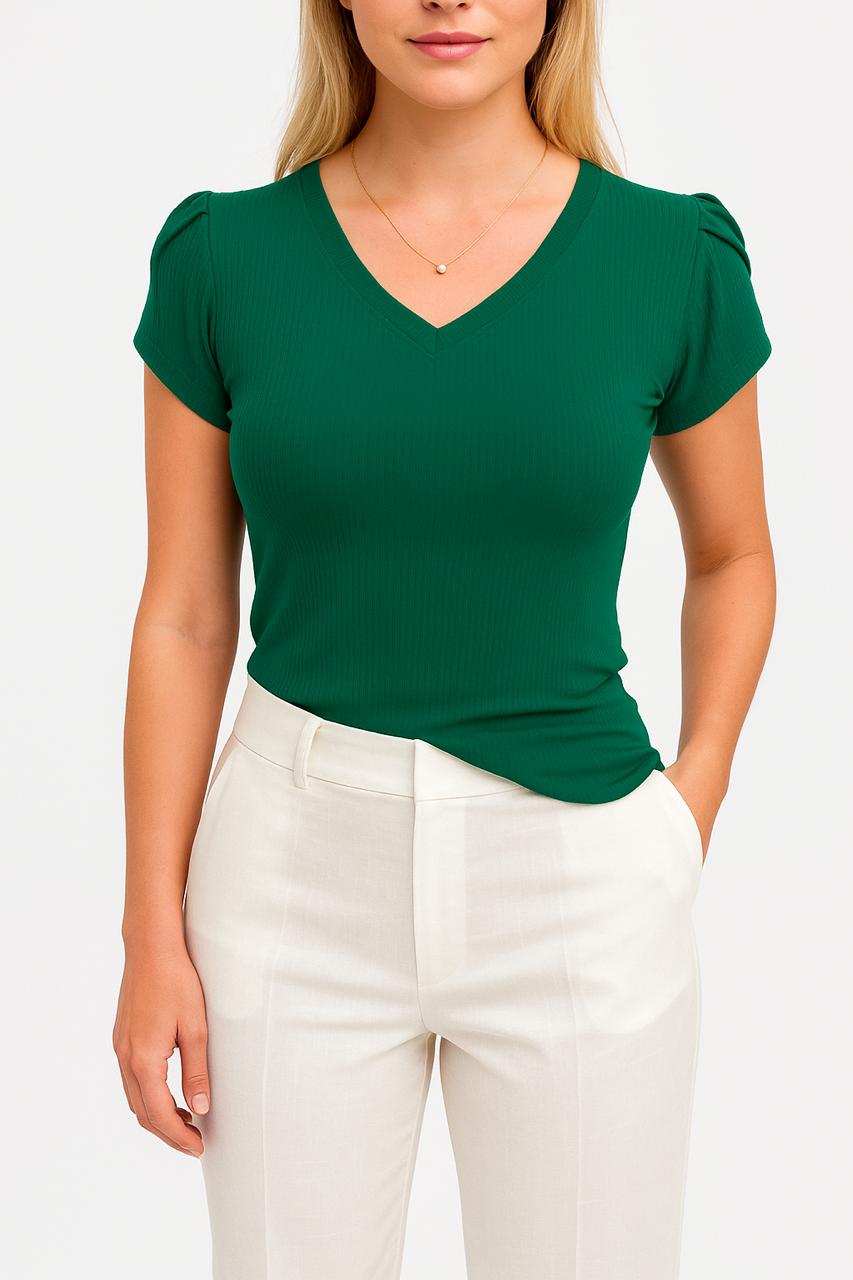 Polera Rib Manga Olivo